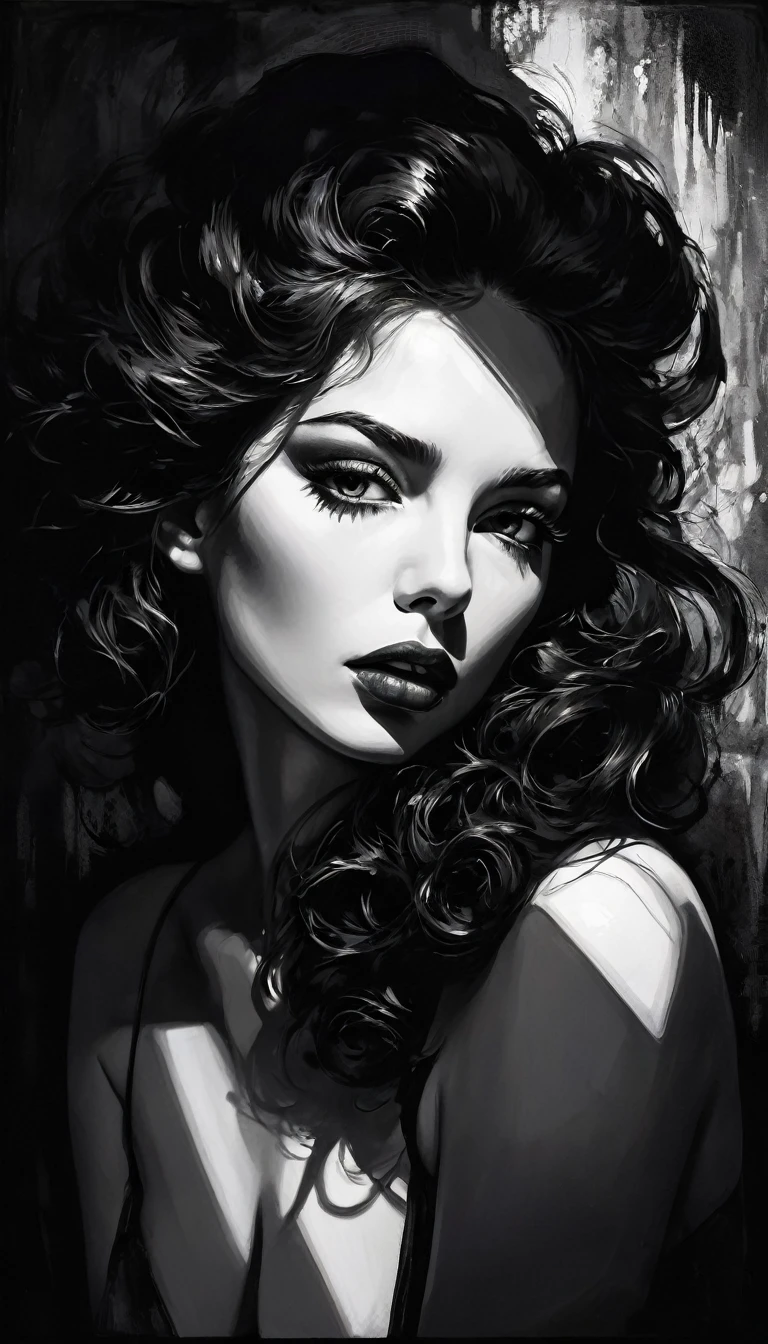 eroticism, sexy, black and white image, between shadows, oil painting, dramatic lighting, dramatic contrast, chiaroscuro, detailed face, sensual expression, elegant pose, female figure, mysterious, moody, cinematic, dark romantic, Bill Sienkiewicz inspired, dark atmosphere, powerful composition, dramatic shadows, high quality, photorealistic, masterpiece (best quality,4k,8k,highres,masterpiece:1.2),ultra-detailed,(realistic,photorealistic,photo-realistic:1.37),intricate details,vivid colors,sharp focus,professional,Dave McKean artwork, oil touch of surrealism,oil painting style,portrait,woman,beautiful detailed eyes,beautiful detailed lips,dreamlike atmosphere,shadow play,soft lighting,playful pose,minimalist room,dark hues,ethereal background,fantasy elements,texture,layered composition.