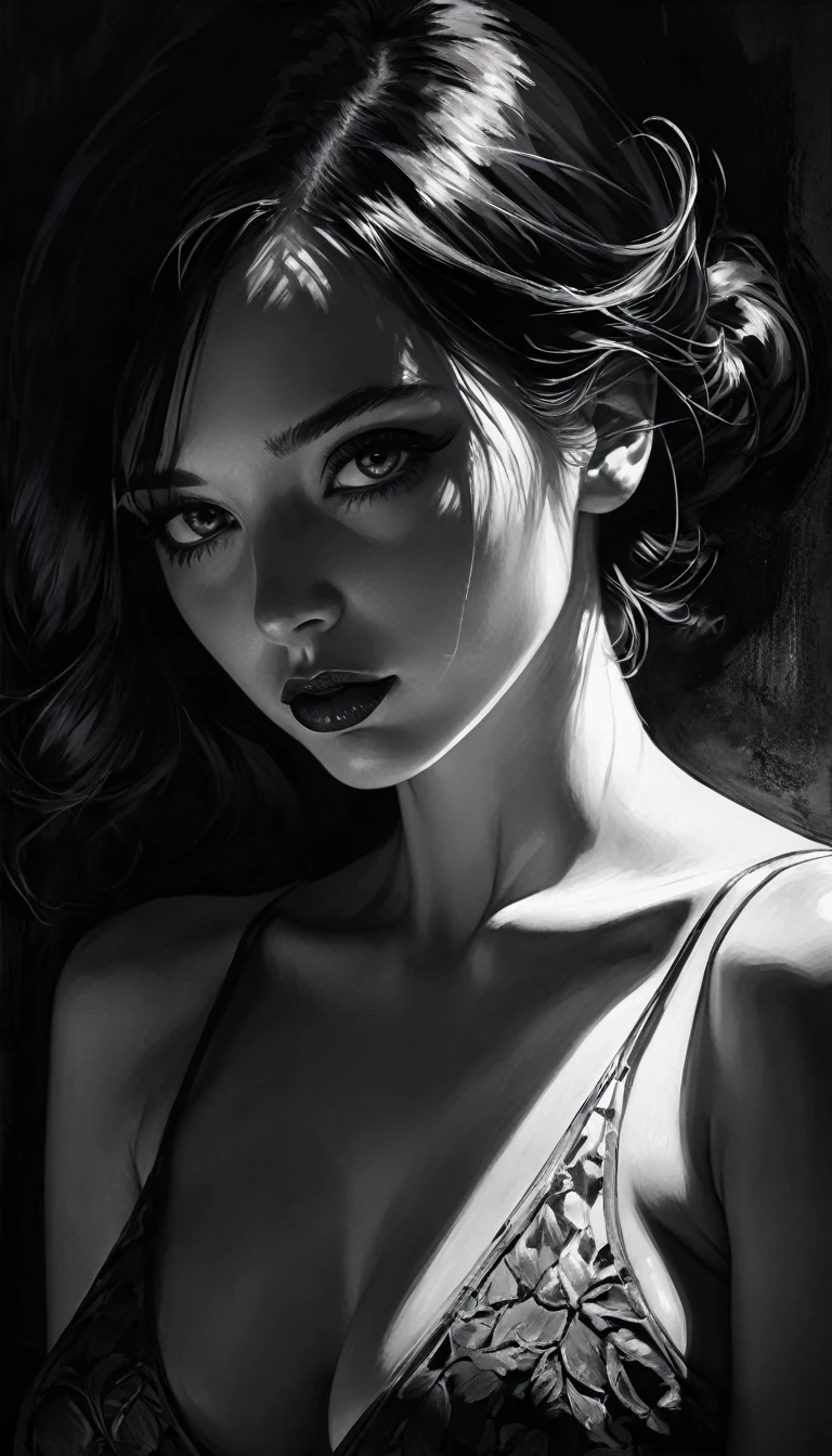 eroticism, sexy, black and white image, between shadows, oil painting, dramatic lighting, dramatic contrast, chiaroscuro, detailed face, sensual expression, elegant pose, female figure, mysterious, moody, cinematic, dark romantic, Bill Sienkiewicz inspired, dark atmosphere, powerful composition, dramatic shadows, high quality, photorealistic, masterpiece (best quality,4k,8k,highres,masterpiece:1.2),ultra-detailed,(realistic,photorealistic,photo-realistic:1.37),intricate details,vivid colors,sharp focus,professional,Dave McKean artwork, oil touch of surrealism,oil painting style,portrait,woman,beautiful detailed eyes,beautiful detailed lips,dreamlike atmosphere,shadow play,soft lighting,playful pose,minimalist room,dark hues,ethereal background,fantasy elements,texture,layered composition.
