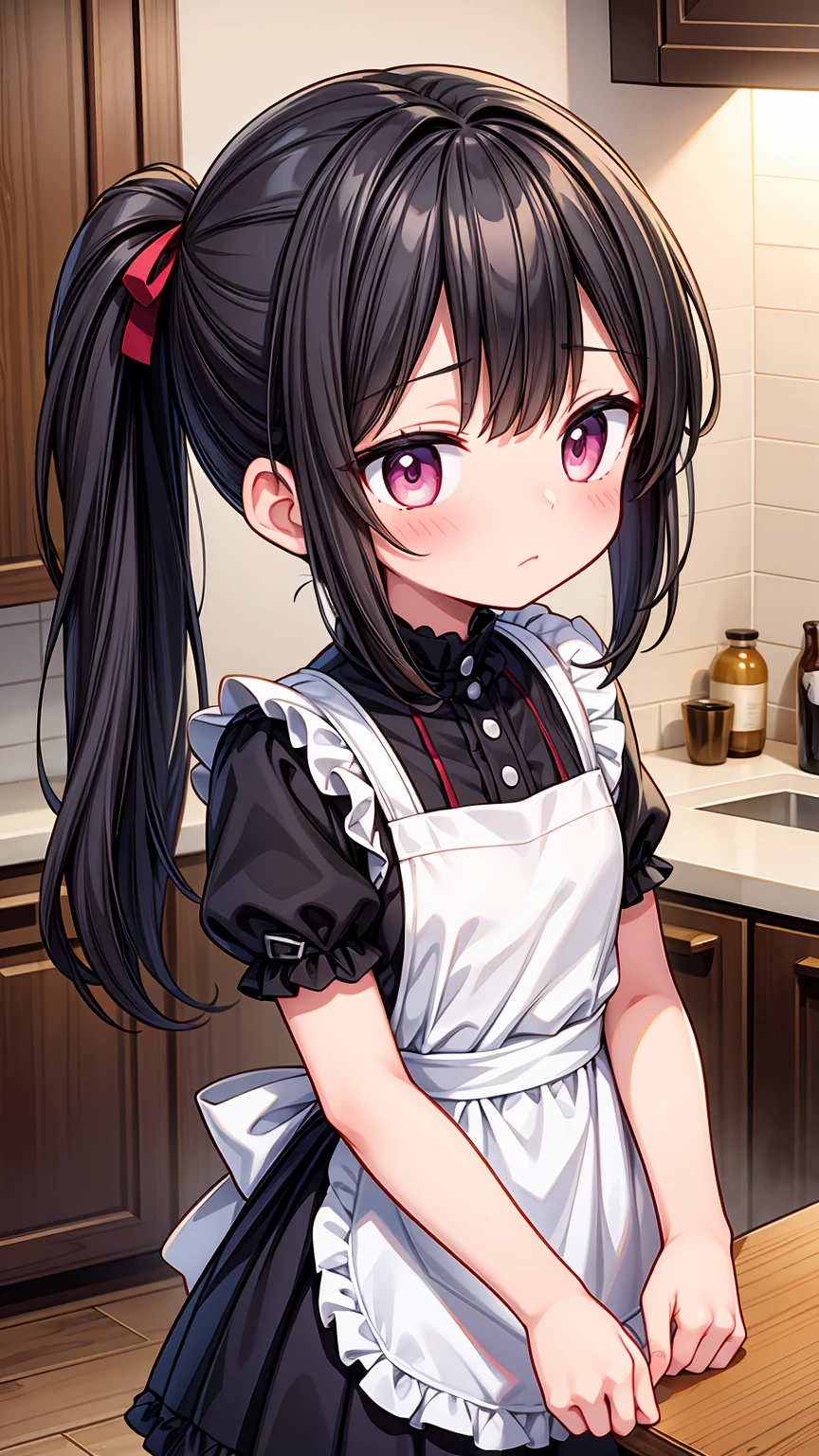 (8K, Highest image quality, highest quality, masterpiece, dynamic lighting), detailed face, ((loli)), ((girl)), (little curve), short black hair, one side ponytail hairstyle, pink eyes, ((very small bust)), (apron), cowboy shot, kitchen background, ((very blushing)), ((detailed hands and fingers)), viewer perspective from below, (blush), more detailed