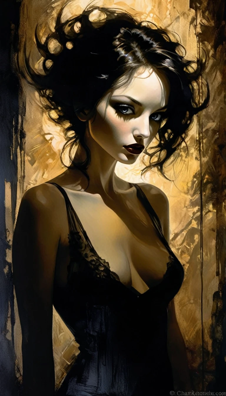 eroticism, sexy, black and white image, between shadows, oil painting, dramatic lighting, dramatic contrast, chiaroscuro, detailed face, sensual expression, elegant pose, female figure, mysterious, moody, cinematic, dark romantic, Bill Sienkiewicz inspired, dark atmosphere, powerful composition, dramatic shadows, high quality, photorealistic, masterpiece (best quality,4k,8k,highres,masterpiece:1.2),ultra-detailed,(realistic,photorealistic,photo-realistic:1.37),intricate details,vivid colors,sharp focus,professional,Dave McKean artwork, oil touch of surrealism,oil painting style,portrait,woman,beautiful detailed eyes,beautiful detailed lips,dreamlike atmosphere,shadow play,soft lighting,playful pose,minimalist room,dark hues,ethereal background,fantasy elements,texture,layered composition.