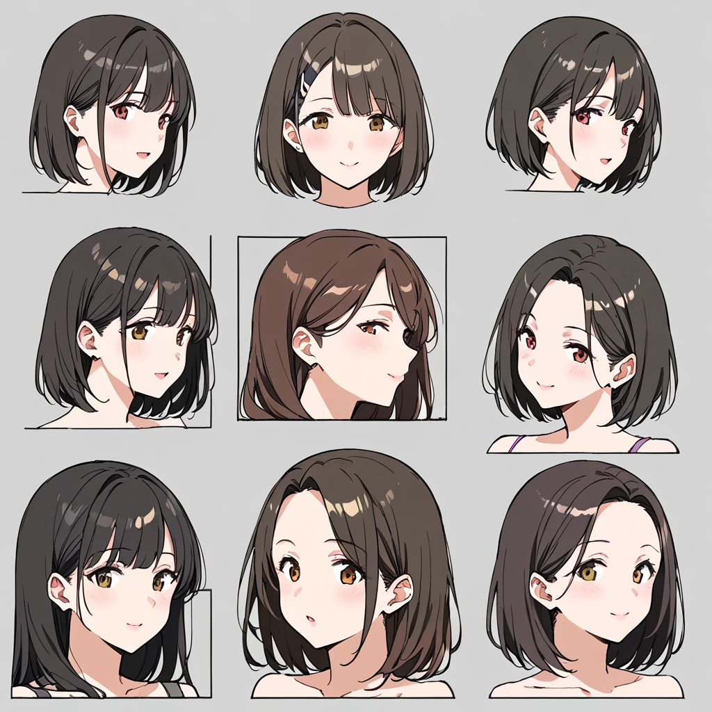masterpiece, best quality, simple background, random hairstyle, large breasts, 6 girls, character sheet, close-up, milf,