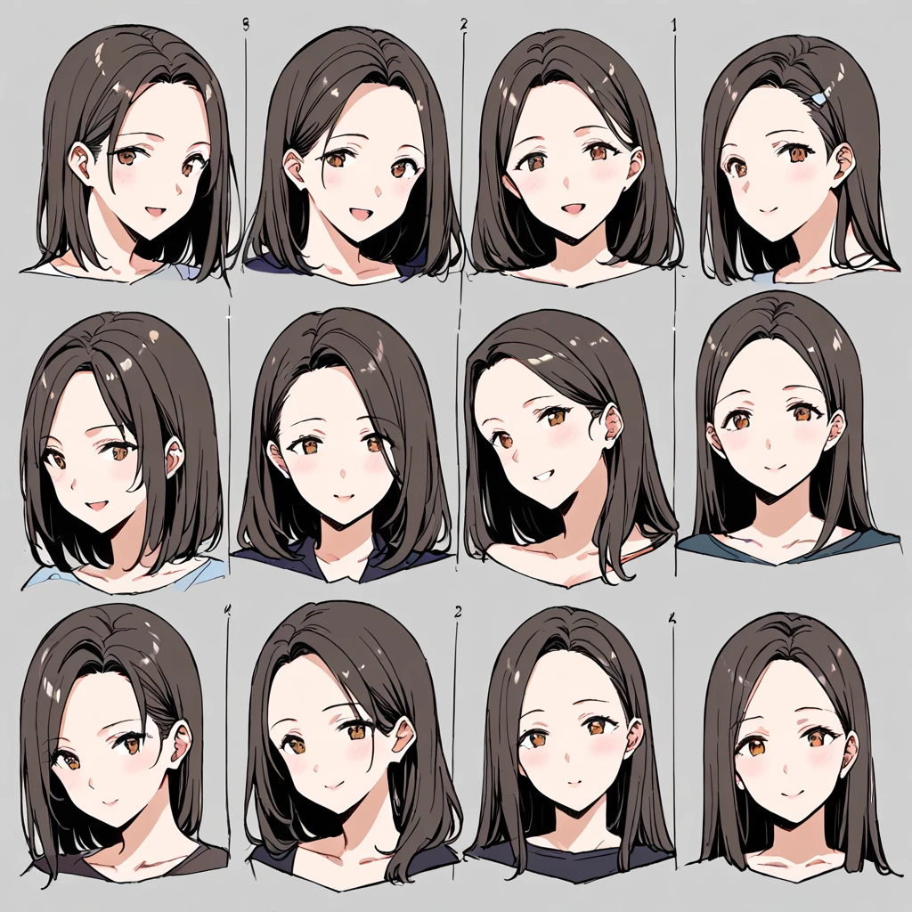 masterpiece, best quality, simple background, random hairstyle, large breasts, 6 girls, character sheet, close-up, milf,