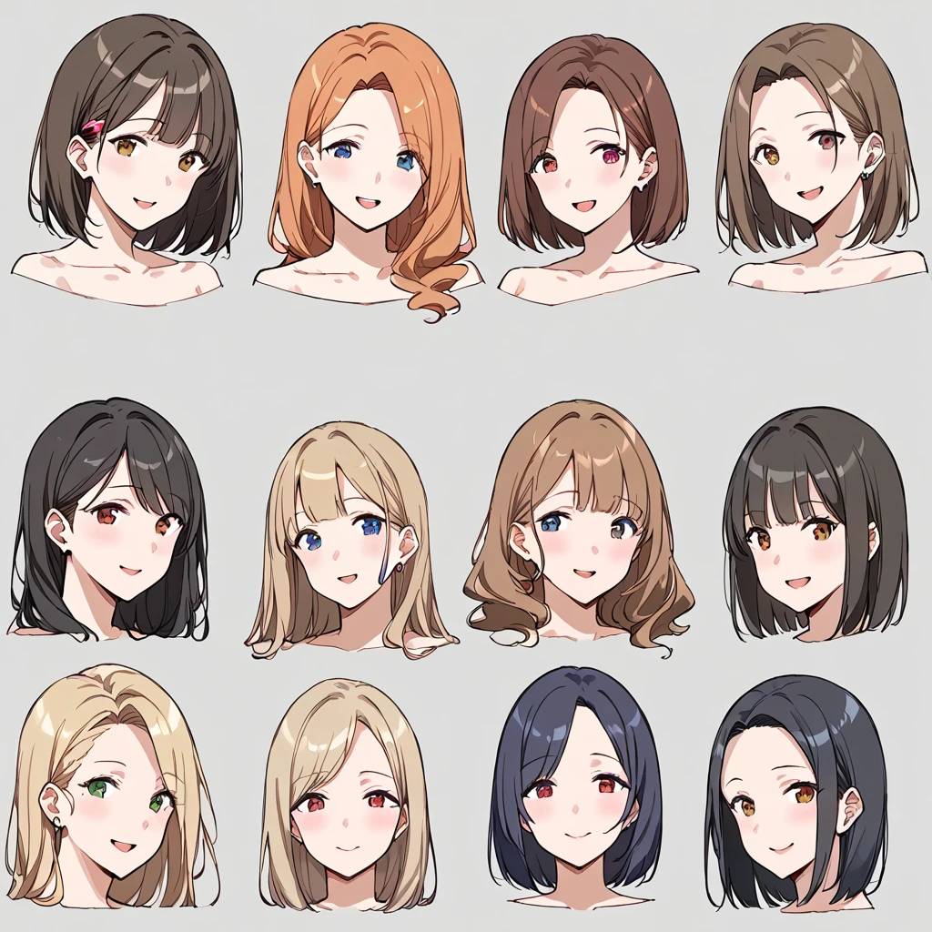 masterpiece, best quality, simple background, random hairstyle, large breasts, 6 girls, character sheet, close-up, milf,