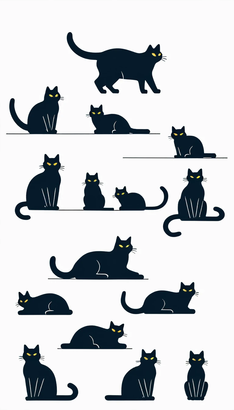 set of black cat silhouette, white background, vectorized style, plain style, illustration, several poses