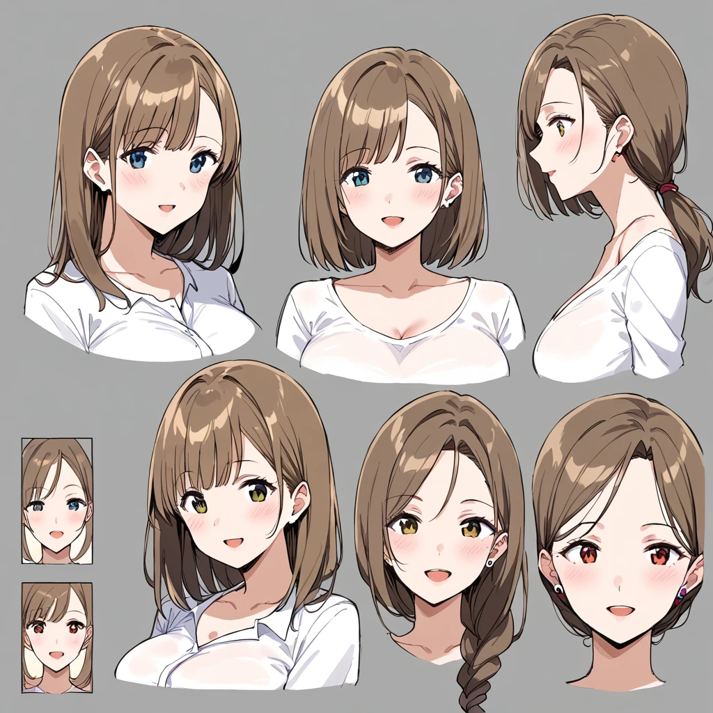 masterpiece, best quality, simple background, random hairstyle, large breasts, 4 girls, character sheet, close-up, milf,
