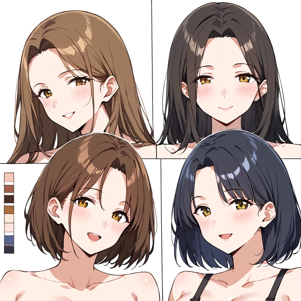masterpiece, best quality, simple background, random hairstyle, large breasts,  4 girls,  character sheet, close-up, milf,