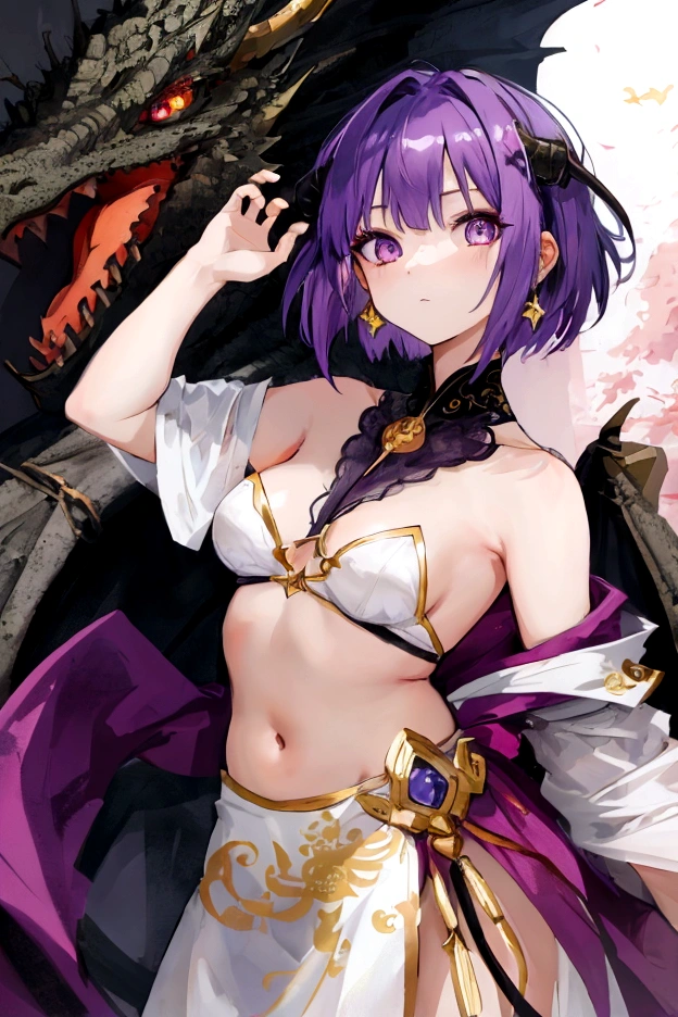 masterpiece, Highest quality, One girl, Purple Hair, Golden Eyes, Dragon Horn, short hair, mysterious, cute, piece,Confused eyes,