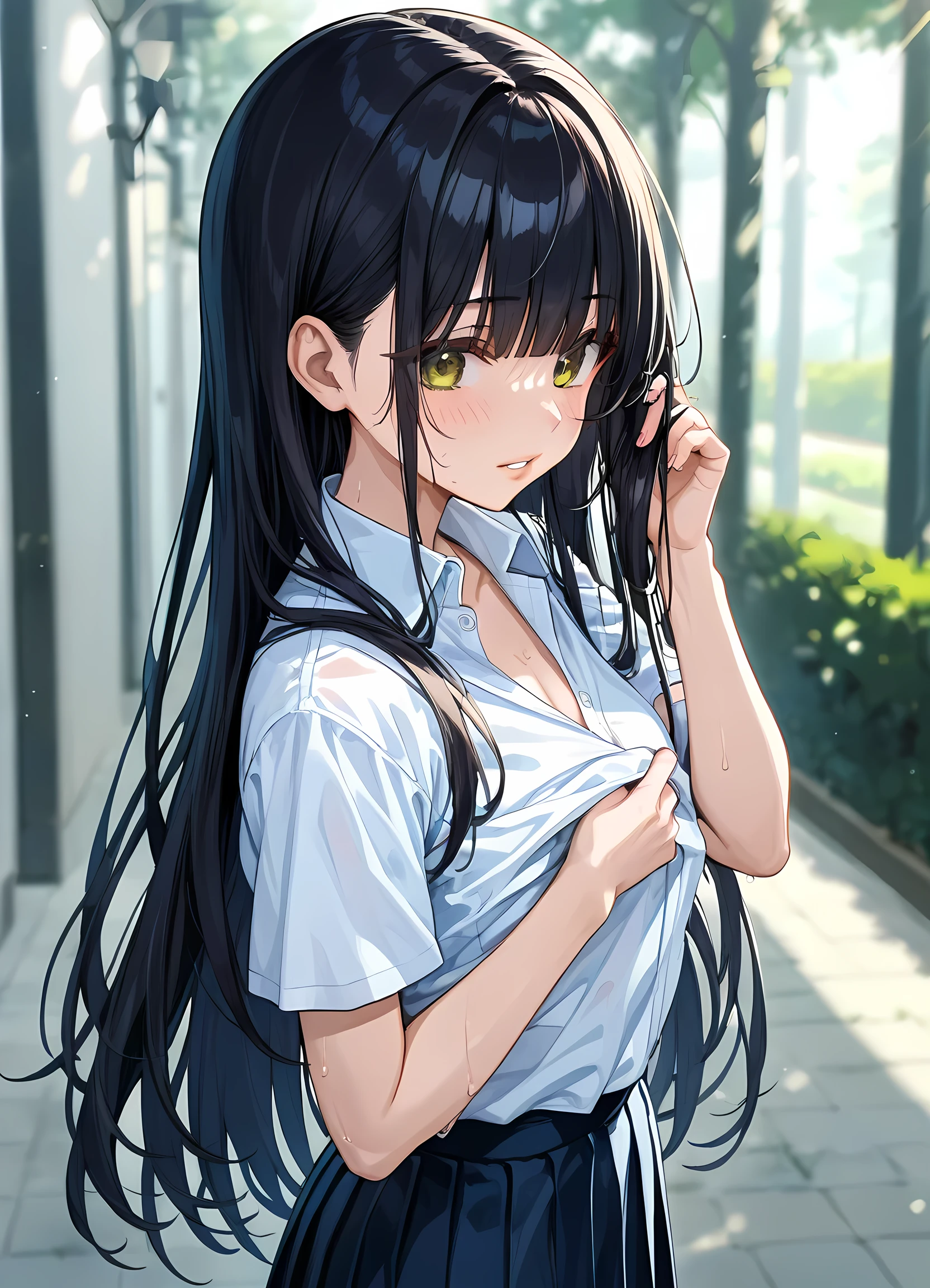 score_9, score_8_superior, score_7_superior ,sauce_Animated masterpiece, Highest quality, Perfect Anatomy , so beautiful , Official Art,Brake 1 Girl, Black Hair, black skirt, black shoes下, Blunt bangs, Blurred, Blurred background, blush, chest, Brown eyes, Mouth closed, clavicle, collared shirt, Depth of written boundary, Eyes visible through hair, nail, From the side, hands superior, Holding, Holding clothes, Holding shirt, large chest, lips, Long Hair, View your viewers, miniskirt, Mole, Mole under eye, parted lips, pleated skirt, shirt, shoes, Short sleeve, Side Lock, Simple Background, skirt, shoes下, alone, Are standing, Sweat, teeth, superiorper teeth only, very Long Hair, wariza, White Background, white shirt