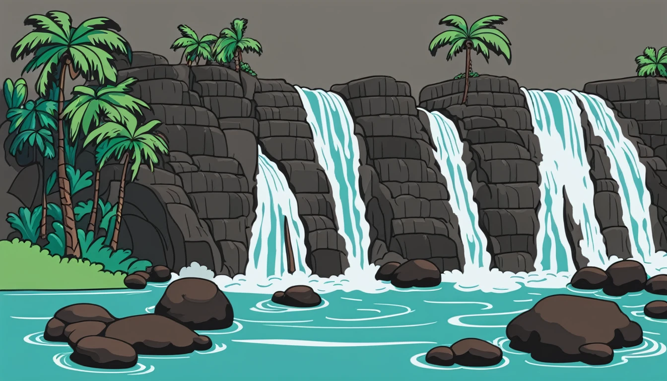 /Imagine Prompt: Waterfall illustration for banner on white background, bold outline style, irregular, Trashcore, light shading