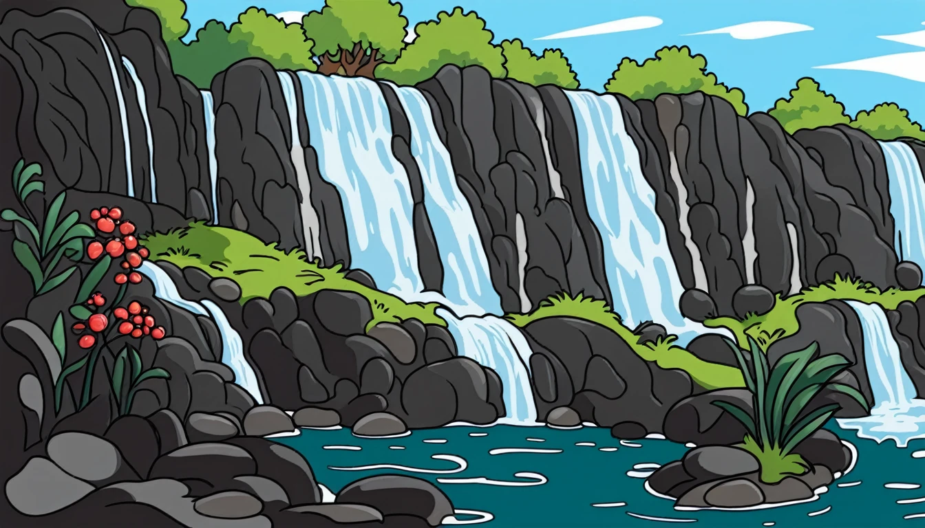 /Imagine Prompt: Waterfall illustration for banner on white background, bold outline style, irregular, Trashcore, light shading