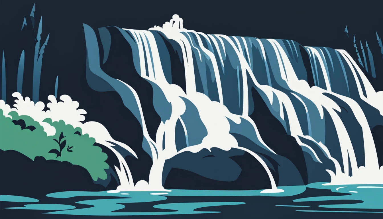 /Imagine Prompt: Waterfall illustration for banner on white background, bold outline style, irregular, Trashcore, light shading