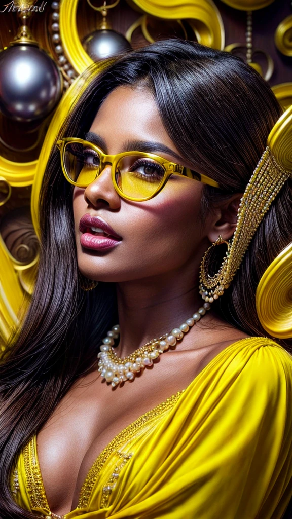 Beautiful brunette with slightly dark skin and black hair with pearls for advertising stylish glasses with yellow frames, swirly vibrant colors, hyper realistic art in 4k, hyper realistic hair