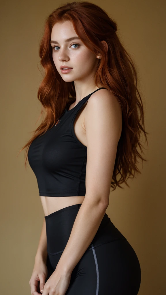 (((Masterpiece))), 25-year-old Caucasian French girl with shoulder-length messy red hair, adorned with , blooming hair akin to a royal . Captured in the best quality, this illustration serves as a 4K wallpaper, black top, black leggings, 