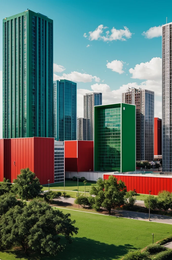 create a realistic image of 4 buildings , one red, green, amarillo y azul con fondo green