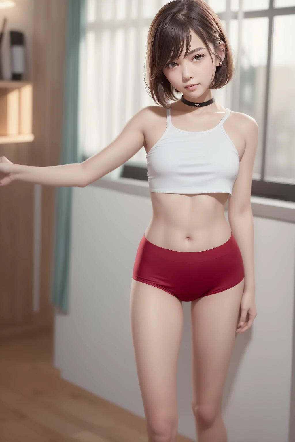 (RAW photo:1.2),(Photorealistic:1.4),(Masterpiece:1.3),(Best quality:1.4),超高分辨率,
hdr,8K resolution,
Dreamlike,
check commentary,commentaryrequest,scenery,((No text)),
solofocus, (full bodyesbian),
(Detailed eyes),(Detailed facial features), (detailed clothes features),
skin tight, (Shiny skin),(slender girl),(Slim girl),
(1girll,Solo),virtualgirl-Rin, cheerfulness, Smile, (Small breasts), bangs, bob hair, Short hair, Brown hair, Brown eyes, Black choker,
college aged, schoolgirl, White high school sportswear,Red sports shorts,Sneakers,