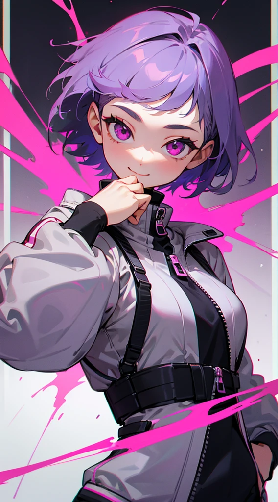 Top Quality, 8K, 4K, High Definition, Detail, (better-quality, 8K, 12), top-quality, 1 girl、only showing her face, she has purple hair, wearing a yellow pin in her right side of her hair, she has her hands together, she looking at you, she is smiling at you, medium breast, her jacket color dark gray with a pink zipper, pink eyes, showing her face and chesat, short hair long as her neck, 