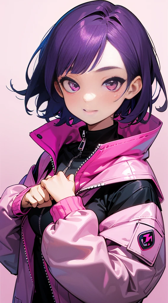 Top Quality, 8K, 4K, High Definition, Detail, (better-quality, 8K, 12), top-quality, 1 girl、only showing her face, she has purple hair, wearing a yellow pin in her right side of her hair, she has her hands together, she looking at you, she is smiling at you, medium breast, her jacket color dark gray with a pink zipper, pink eyes, showing her face and chesat, short hair long as her neck, 