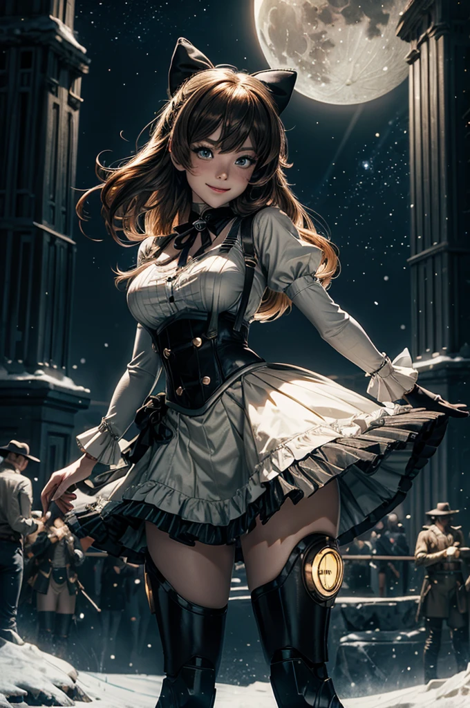 cowboy shot, (dynamic pose), smile,  underbust, Penny Polendina, long hair, neck ribbon, suspender skirt, corset, black bow, white blouse, mechanical legs, neon trim, standing, in planetarium, spectators, crowd, BREAK night, stars, moon, snow, BREAK  (volumetric lighting), intricate details, tonemapping, sharp focus, hyper detailed

