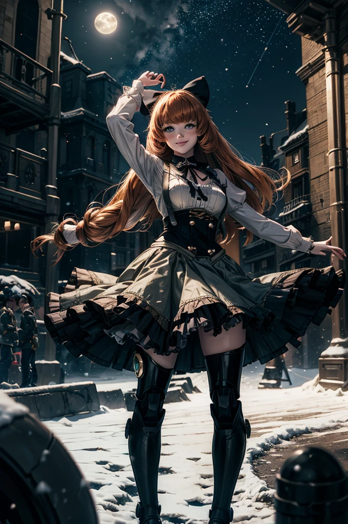 cowboy shot, (dynamic pose), smile,  underbust, Penny Polendina, long hair, neck ribbon, suspender skirt, corset, black bow, white blouse, mechanical legs, neon trim, standing, in planetarium, spectators, crowd, BREAK night, stars, moon, snow, BREAK  (volumetric lighting), intricate details, tonemapping, sharp focus, hyper detailed

