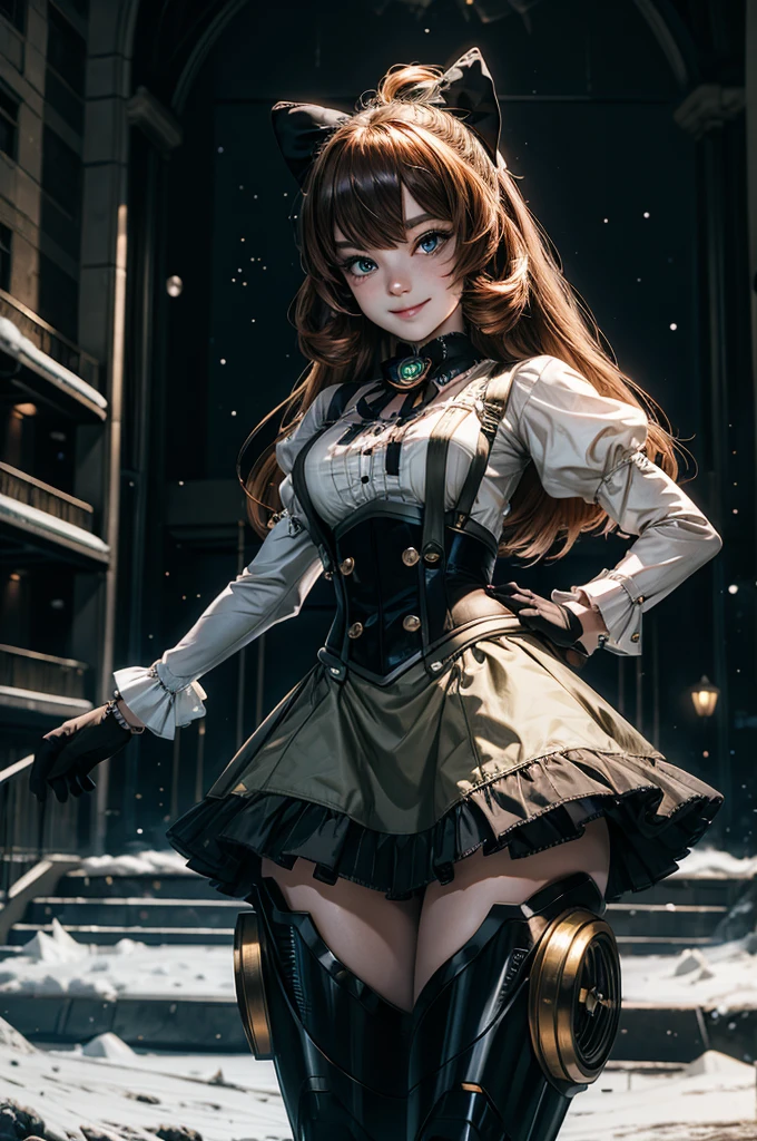 cowboy shot, (dynamic pose), smile,  underbust, Penny Polendina, long hair, neck ribbon, suspender skirt, corset, black bow, white blouse, mechanical legs, neon trim, standing, in planetarium, spectators, crowd, BREAK night, stars, moon, snow, BREAK  (volumetric lighting), intricate details, tonemapping, sharp focus, hyper detailed

