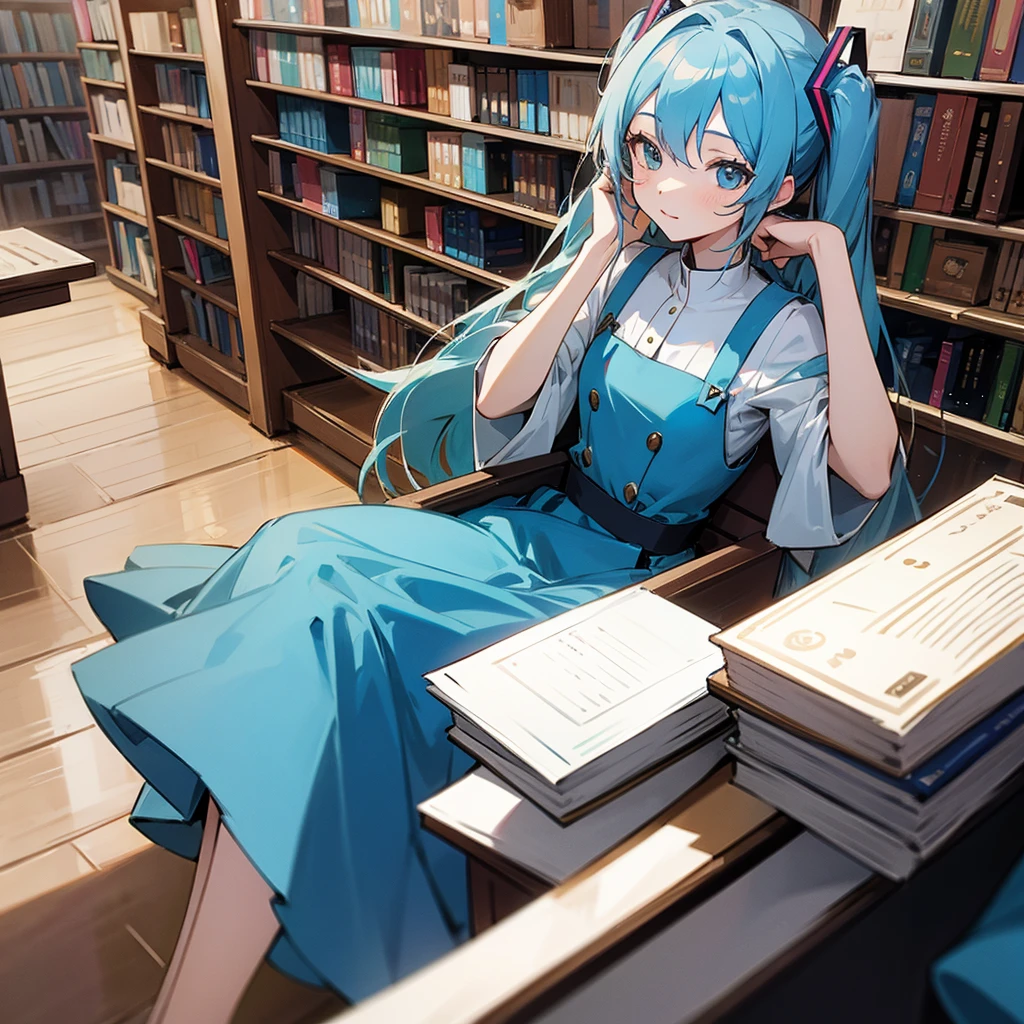 Miku Nakano sitting in a bookstore wearing a blue dress
