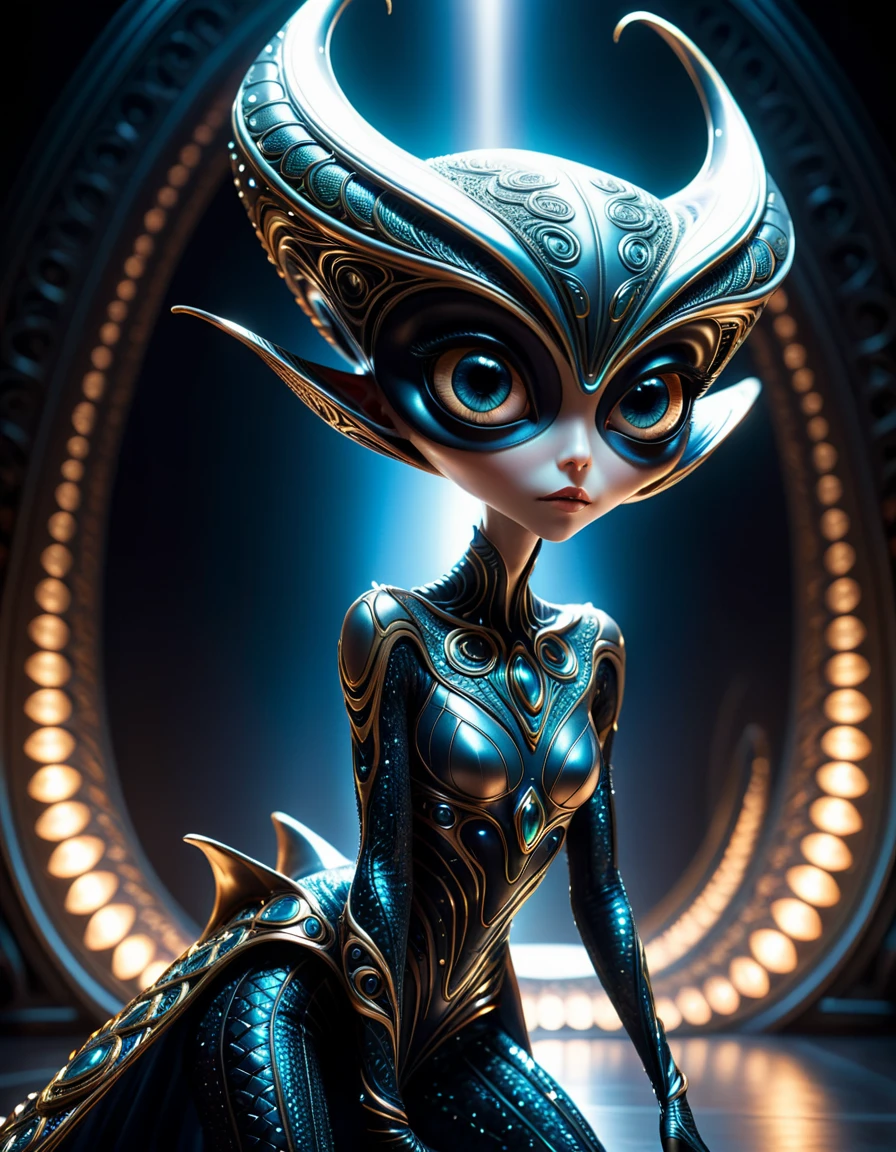 An otherworldly creature with large, expressive eyes and long, thick eyelashes stands in a dramatic pose, leaning forward slightly. This skinny being is adorned in an elaborate, oversized outfit that contrasts sharply with its slender frame. The scene is rendered in striking 3D, capturing every intricate detail of the creature's unique appearance and attire. The creature's big eyes seem to shimmer with an inner light, drawing the viewer into its mysterious, alien presence.