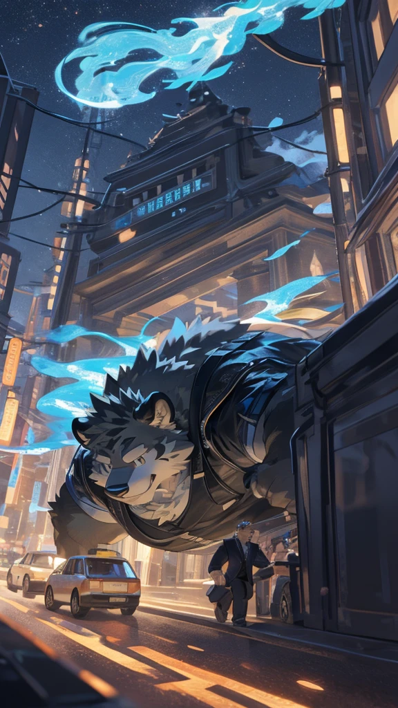 Lonely, ((spongy fur, spongy, furry body)), detailed spongy fur, delicate face, delicate Look like, dynamic poses, (ultra detailed), clear focus, genji, Look like, furry, (gray-black fur:1.5), White beard, human nature (Black Tiger), Chest hair，male, middle aged, white belly, Increase chest muscles.(((muscular))), rest ((black jacket，White T-shirt,)), ultra delicate face, high detail, high quality, (Best Quality,4K,8K,high resolution,Masterpiece:1.2), (close up:1.3), author：Takemoto Arashi, The bullshit plant, author：The ghost of the void, From raccoon21, dynamic lighting, SMILE, (whole body:1.4), looking at the audience, eternity, close up portrait, indoorhigh resolution, magic, Symbols，street, futuristic city, 