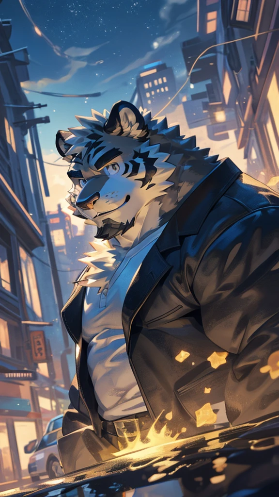 Lonely, ((spongy fur, spongy, furry body)), detailed spongy fur, delicate face, delicate Look like, dynamic poses, (ultra detailed), clear focus, genji, Look like, furry, (gray-black fur:1.5), White beard, human nature (Black Tiger), Chest hair,male, middle aged, white belly, Increase chest muscles.(((muscular))), rest ((black jacket,White T-shirt,)), ultra delicate face, high detail, high quality, (Best Quality,4K,8K,high resolution,Masterpiece:1.2), (close up:1.3), author:Takemoto Arashi, The bullshit plant, author:The ghost of the void, From raccoon21, dynamic lighting, SMILE, (whole body:1.4), looking at the audience, eternity, close up portrait, indoorhigh resolution, magic, Symbols,street, futuristic city,