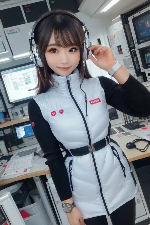 masterpiece, Highest quality, Very detailed, 8K Portrait,Japanese Android Girl,plump , Control panel,Robotic arms and legs, Blunt bangs,,break (Metallic Gray, Metallic er, Mirror finish, Astro Best):5,headphone:5,break (Black sleeves):100,Smart Watches,Futuristic space station,Control Room,break headphone,blue eyes,(Black Hair):2,(Long Hair):1.3,Displaying the viewer,(respirator),break blush:3,Hidden Hand,smile