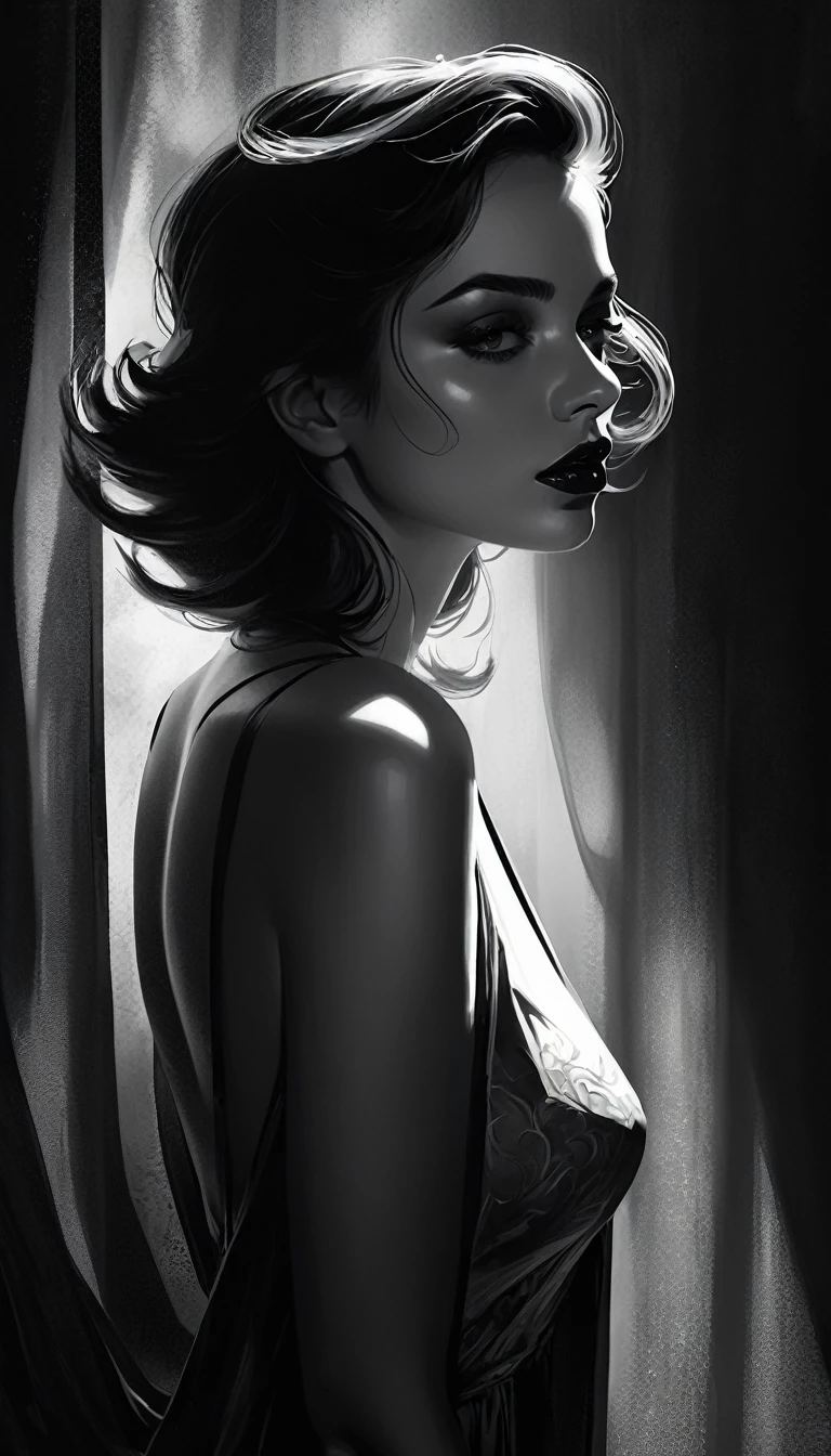 eroticism, sexy, black and white image, between shadows, oil painting, dramatic lighting, dramatic contrast, chiaroscuro, detailed face, sensual expression, elegant pose, female figure, mysterious, moody, cinematic, dark romantic, Bill Sienkiewicz inspired, dark atmosphere, powerful composition, dramatic shadows, high quality, photorealistic, masterpiece (best quality,4k,8k,highres,masterpiece:1.2),ultra-detailed,(realistic,photorealistic,photo-realistic:1.37),intricate details,vivid colors,sharp focus,professional,Dave McKean artwork, oil touch of surrealism,oil painting style,portrait,woman,beautiful detailed eyes,beautiful detailed lips,dreamlike atmosphere,shadow play,soft lighting,playful pose,minimalist room,dark hues,ethereal background,fantasy elements,texture,layered composition.
