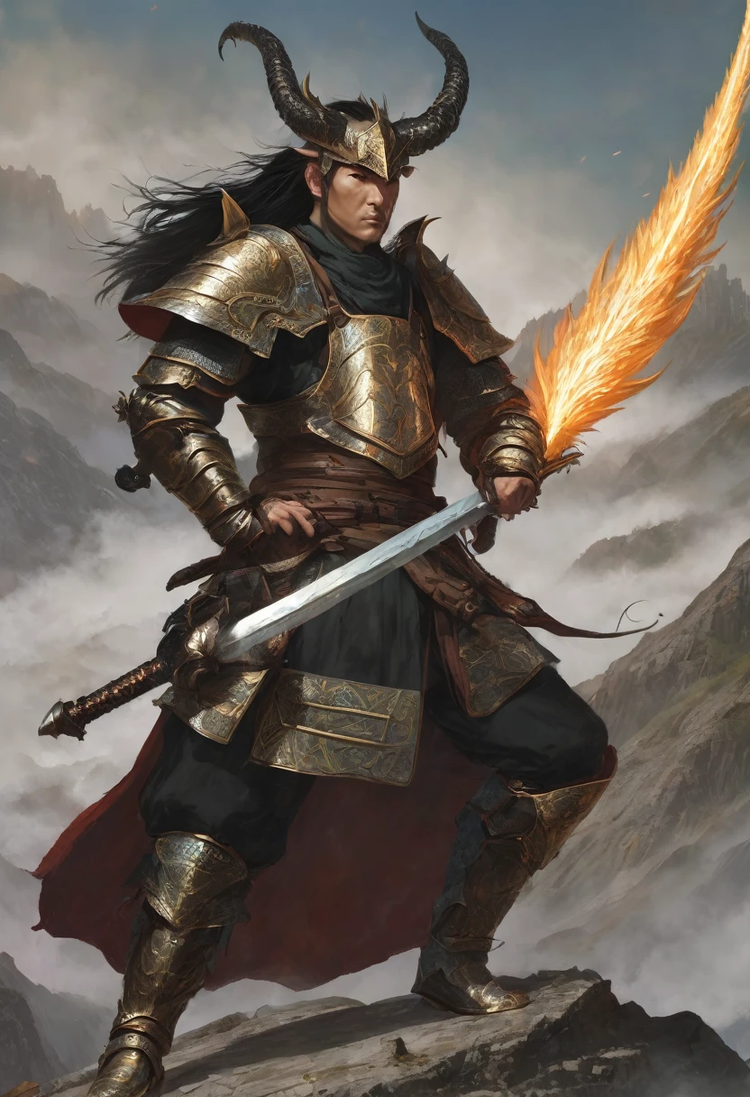 Man with dragon horns, using armor and sword
