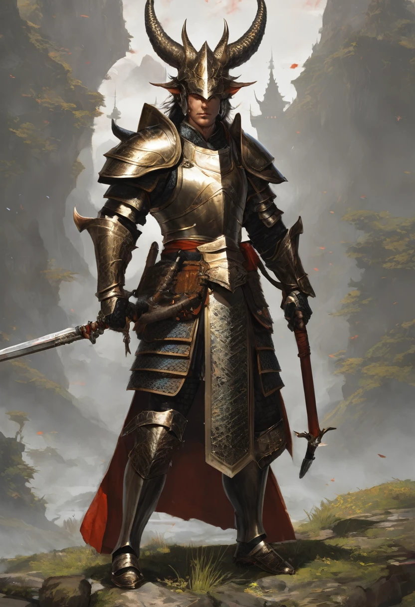 Man with dragon horns, using armor and sword