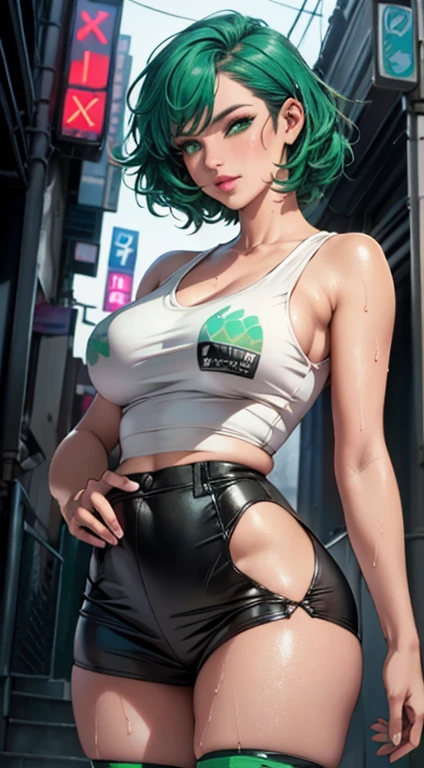girl youtuber,(((1girl))),((extremely cute and beautiful green curly-haired girl)),
(short breasts:1.4),(((green curly hair:1.35,very curly hair,colored inner hair,ear breathing,short hair))),(((green eyes:1.3))),intricate eyes,beautiful detailed eyes,symmetrical eyes,((fat)),(((lustrous skin:1.5,bright skin: 1.5,skin tanned,shiny skin,very shiny skin,shiny body,plastic glitter skin,exaggerated shiny skin,illuminated skin,wet legs))),delicate detailed fingers,detailed body,human hands,(detailed face),
cute,slutty,seductive,erotic,(((nsfw))),
zettai ryouiki,revealing clothing,show skin,((rave mini-skirt,visible thong straps,white loose tank top with an pop art print)),((wet clothes,intricate outfit,intricate clothes)),
(dynamic pose:1.0),embarrassed,(centered,scale to fit dimensions,Rule of thirds),
cyberpunk city by the ocean at night, with bright neon signs and dark stormy clouds and puddles, scenery:1.25,(cyberpunk:1.4),
motor irreal:1.4,UHD,La mejor calidad:1.4, fotorrealista:1.4, textura de la piel:1.4, obra maestra:1.8,highres, sharp focus, (ultra detailed, extremely detailed), (photorealistic artwork:1.37),(extremely detailed CG unity 8k wallpaper),((synthwave background theme)),(((vibrant colors))),(intricate background),(masterpiece),(best quality),