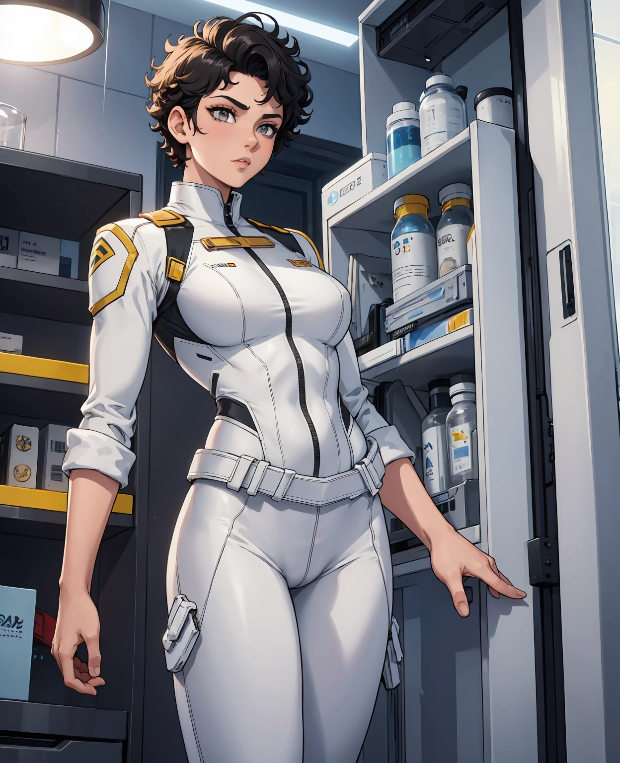 Man with short curly hair, white skin, gray eyes, defined and athletic body, white science fiction costume clothes with golden details, look forward, confident,