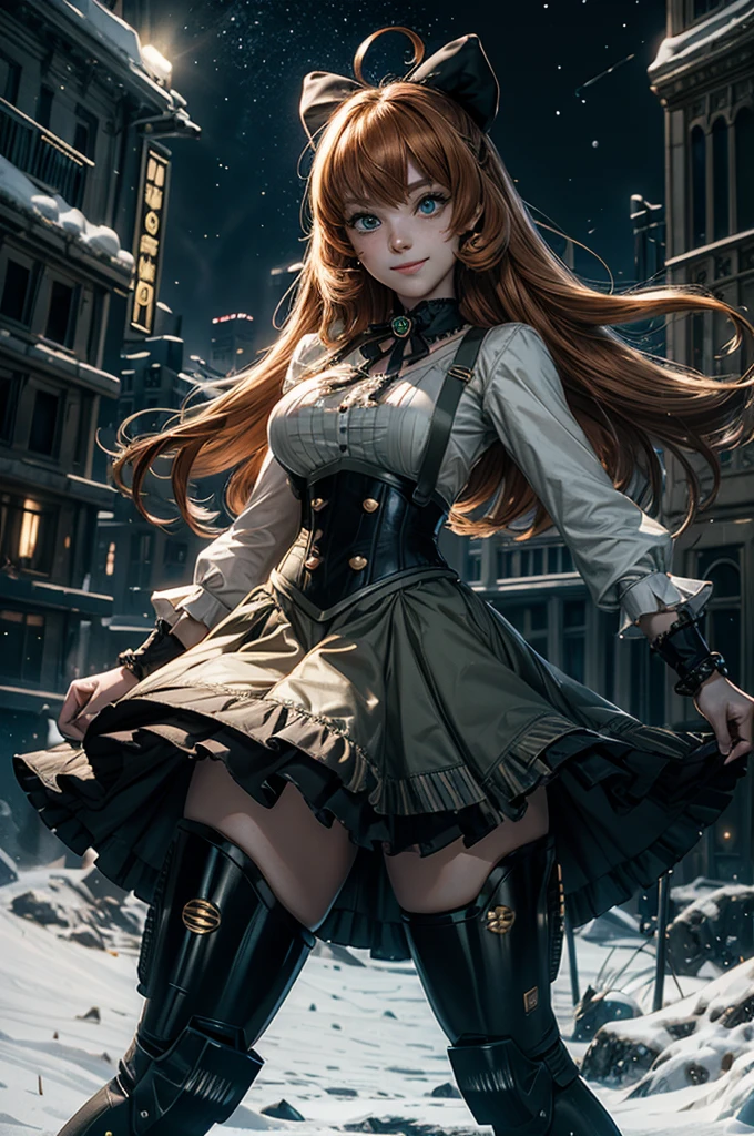 cowboy shot, (dynamic pose), smile, underbust, Penny Polendina, long hair, neck ribbon, suspender skirt, corset, black bow, white blouse, mechanical legs, neon trim, standing, in planetarium, spectators, crowd, BREAK night, stars, moon, snow, BREAK (volumetric lighting), intricate details, tonemapping, sharp focus, hyper detailed