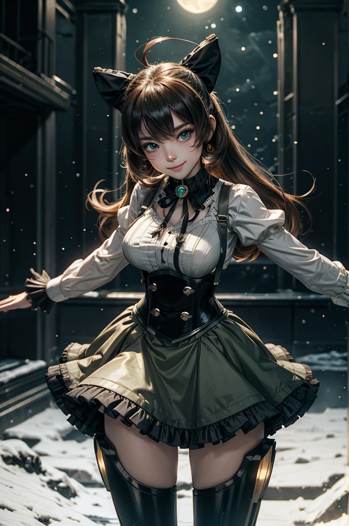 cowboy shot, (dynamic pose), smile, underbust, Penny Polendina, long hair, neck ribbon, suspender skirt, corset, black bow, white blouse, mechanical legs, neon trim, standing, in planetarium, spectators, crowd, BREAK night, stars, moon, snow, BREAK (volumetric lighting), intricate details, tonemapping, sharp focus, hyper detailed