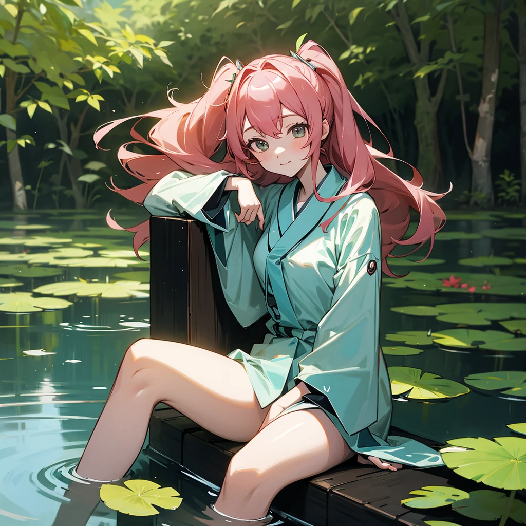 Miku Nakano sitting next to a pond alone in the forest without clothes