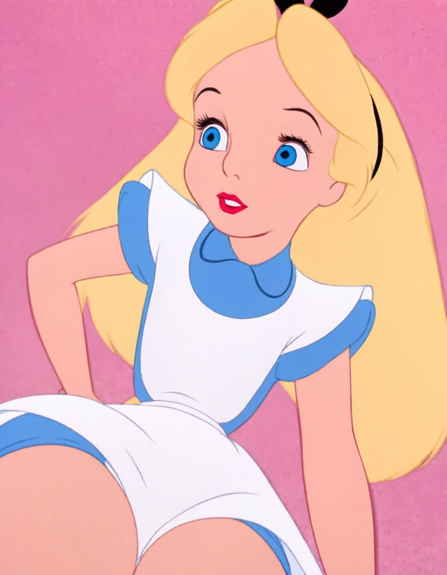 wxaliwonlan, 1girl, solo, long hair, blue eyes, blonde hair, alice (alice in wonderland), disney, masterpiece, best quality, full view, white panties with blue hearts, heart print panties, white bra, looking down, legs together, standing, front view, bare chest, bellybutton, bare shoulders, bare arms, view from below, no dress