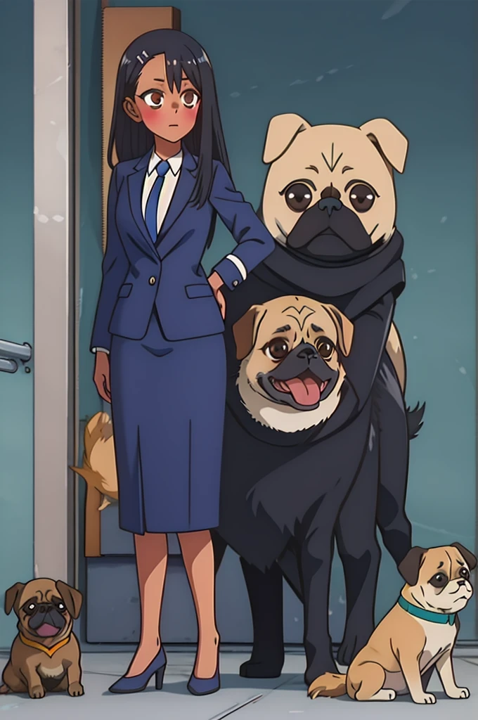 Two Tanned girls, dark hair with Violet shine, light brown eyes, Robots under construction, in a Black suit, with a Pug dog and behind a girl who is death.