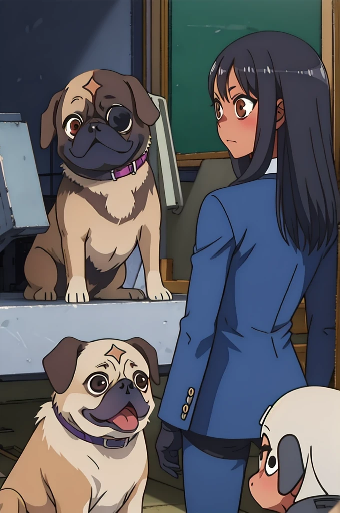 Two Tanned girls, dark hair with Violet shine, light brown eyes, Robots under construction, in a Black suit, with a Pug dog and behind a girl who is death.