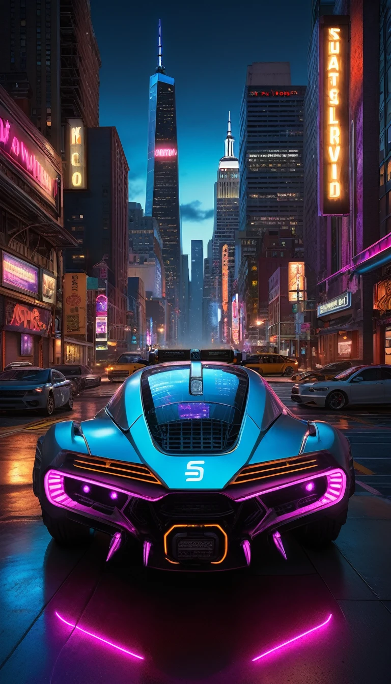 Three-pronged/4 Front view ((Futuristic Cyberpunk Badass)) (With glowing tires) Concept car, In the parking lot, Front pop-up headlights, sf, sfシナリオ, (night), Natural light, Manhattan City, new york, Urban, underground, Neon Signs, (Very detailed), Several buildings in the background, Detailed Texture, Wide-angle, 8K, High resolution, Professional photography, High quality photos, Realistic photos, Realistic Shadows, Detailed Shadows, Realistic proportions, Realistic floor reflections