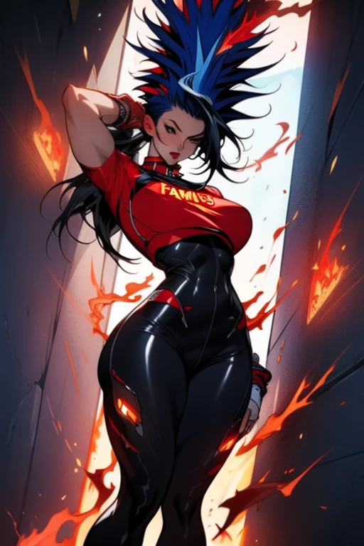 ((Best quality)), ((masterpiece)), (detailed: 1.4), (Absurd), 9full body0, muscular woman of 35 years, dark blue synthetic body, hot woman, sculptural body with defined muscles, closed mouth, muscular body wearing a micro thong, whole body covered by very dark blue clothes almost black neon style Genesis Evangelion, (((large breasts)), erect breasts, (((white mohawk hair))), (((graphic drawings of red flames covering the body))),  very long black eyelashes, heavy eye makeup, by mucha, niji --V5, near the real, psychopath, crazy face, sexy pose, 2-piece clothing, pastel, centered, scale to suit the dimensions