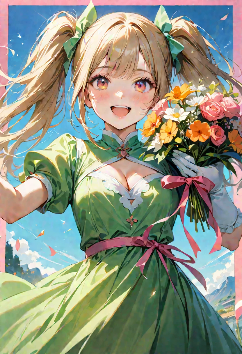 20 years old,1 girl,hyperrealistic, 8k, (extremely detailed 8k), (very delicate and beautiful), (masterpiece), (better quality:1.0), (ultra high resolution:1.0), (masterpiece, best quality), cute,blonde,cleavage cutout,(broen dress:1.3),(crop top navel:1),gleaming skin,twintails,twin bun,a pink ribbon on the head,long hair,pastel green frill Chinese-made dress,white long gloves,delighted,pink border,hold a bouquet of flowers,from the front,a bunch of flowers,POV,bust shot,white frill,puffy sleeves
