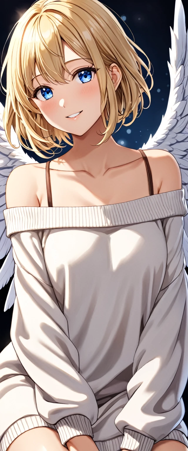 ((angel, big big white wings:1.3, halo:1.3)), (((full body))), ((flying)), archangel Uriel, ((wavy hair, outward curled hair)), evening, Sunset, ((blond hair, bob cut:1.3)), breasts, teenager, (looking at viewer), oversized clothes, puffy long sleeves, collarbone, ((off-shoulder sweater dress:1.3, Quite thick shoulder straps)), (((sleeves past wrists:1.3))), ((white sweater)), collarbone, head tilt:1.3, (((blue eyes))), ((happy smile)), (((anime style))), (best quality, 4K, 8K, highres, masterpiece:1.2, ultra-detailed, ultra-detailed eyes, HDR, uhd, studio lighting, ultra-fine painting, sharp focus, physically-based rendering, extreme detail description, professional, vivid colors, bokeh), ((Highest quality, Best image quality, Ultra-high resolution, Ultra-high resolution, solo, Strong eye highlights)), Depth of written boundary, Natural soft light, attractive, Beautiful Face, Cleanliness, Pure Face, medium chest, Beautiful Face, Perfect Fingers, Perfect hands, Perfect body, Perfect Face, Shine a light into your eyes, Perfect Anatomy
