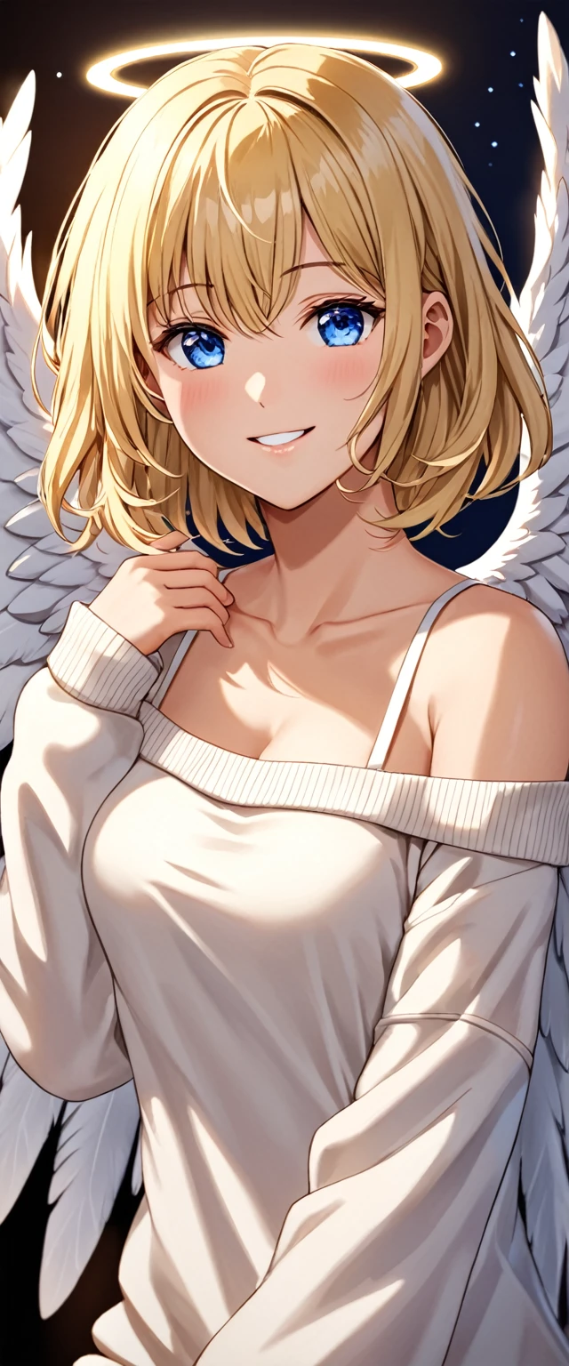 ((angel, big big white wings:1.3, halo:1.3)), (((full body))), ((flying)), archangel Uriel, ((wavy hair, outward curled hair)), evening, Sunset, ((blond hair, bob cut:1.3)), breasts, teenager, (looking at viewer), oversized clothes, puffy long sleeves, collarbone, ((off-shoulder sweater dress:1.3, Quite thick shoulder straps)), (((sleeves past wrists:1.3))), ((white sweater)), collarbone, head tilt:1.3, (((blue eyes))), ((happy smile)), (((anime style))), (best quality, 4K, 8K, highres, masterpiece:1.2, ultra-detailed, ultra-detailed eyes, HDR, uhd, studio lighting, ultra-fine painting, sharp focus, physically-based rendering, extreme detail description, professional, vivid colors, bokeh), ((Highest quality, Best image quality, Ultra-high resolution, Ultra-high resolution, solo, Strong eye highlights)), Depth of written boundary, Natural soft light, attractive, Beautiful Face, Cleanliness, Pure Face, medium chest, Beautiful Face, Perfect Fingers, Perfect hands, Perfect body, Perfect Face, Shine a light into your eyes, Perfect Anatomy