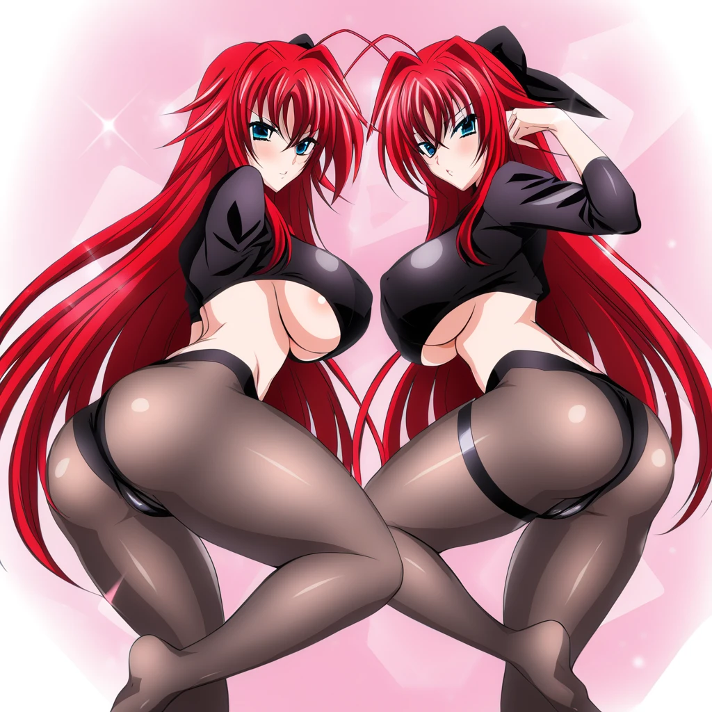 Rias Gremory and Akeno Himejima with big breasts, both with big butts, wearing black transparent leggings, and posing their butts for the viewer