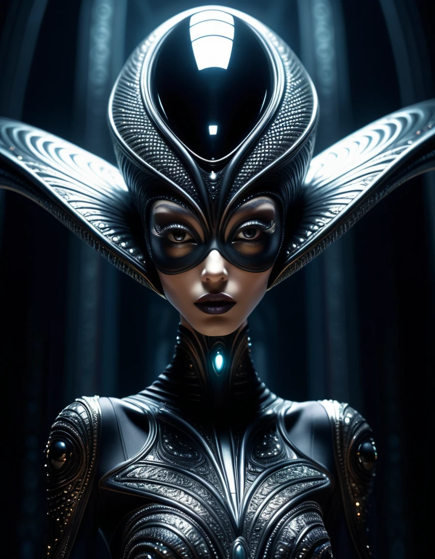 An otherworldly creature with large, expressive eyes and long, thick eyelashes stands in a dramatic pose, leaning forward slightly. This skinny being is adorned in an elaborate, oversized outfit that contrasts sharply with its slender frame. The scene is rendered in striking 3D, capturing every intricate detail of the creature's unique appearance and attire. The creature's big eyes seem to shimmer with an inner light, drawing the viewer into its mysterious, alien presence.