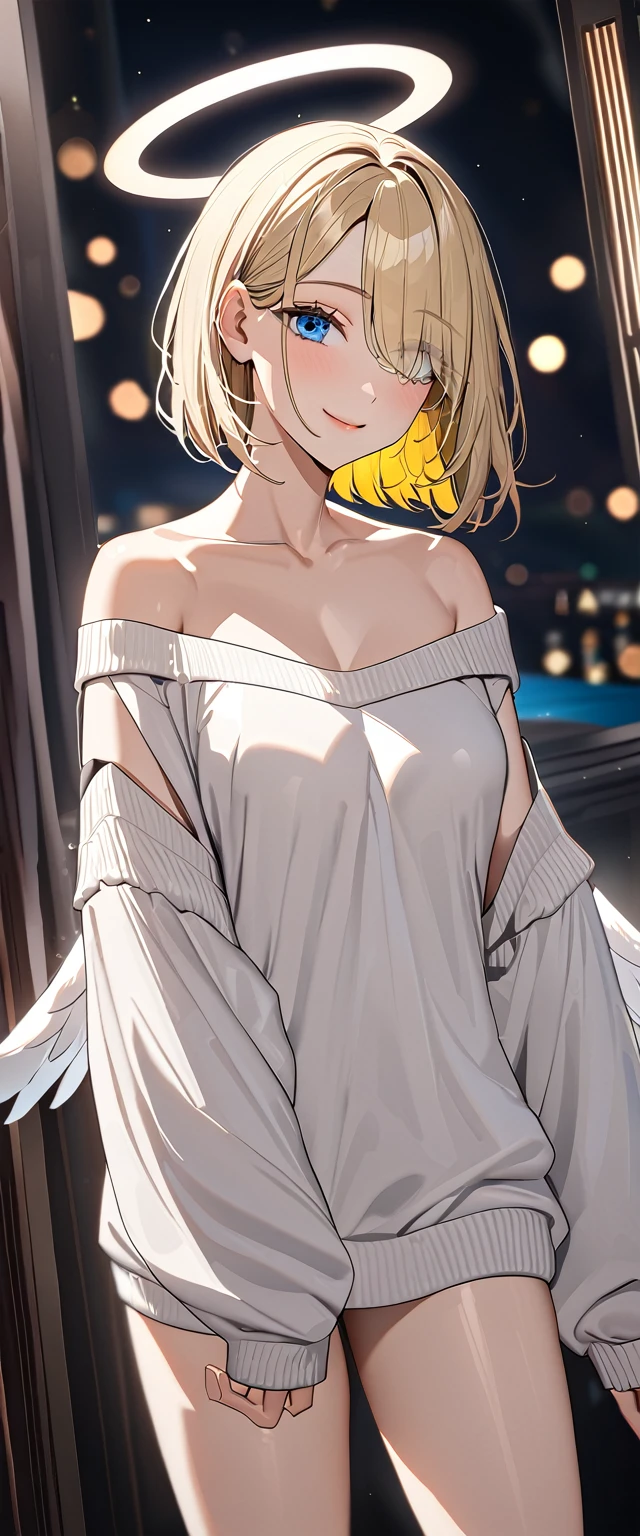 ((angel, big big white wings:1.3, halo:1.3)), (((cowboy shot))), ((flying)), archangel Uriel, ((wavy hair, outward curled hair)), evening, Sunset, ((blond hair, bob cut:1.3)), breasts, ager, (looking at viewer), oversized clothes, puffy long sleeves, collarbone, ((off-shoulder sweater dress:1.3, Quite thick shoulder straps)), (((sleeves past wrists:1.3))), ((white sweater)), collarbone, head tilt:1.3, (((blue eyes))), ((happy smile)), (((anime style))), (best quality, 4K, 8K, highres, masterpiece:1.2, ultra-detailed, ultra-detailed eyes, HDR, uhd, studio lighting, ultra-fine painting, sharp focus, physically-based rendering, extreme detail description, professional, vivid colors, bokeh), ((Highest quality, Best image quality, Ultra-high resolution, Ultra-high resolution, solo, Strong eye highlights)), Depth of written boundary, Natural soft light, attractive, Beautiful Face, Cleanliness, Pure Face, medium chest, Beautiful Face, Perfect Fingers, Perfect hands, Perfect body, Perfect Face, Shine a light into your eyes, Perfect Anatomy