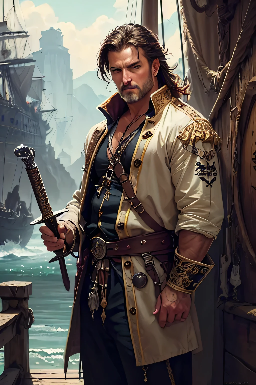 ((King of the pirates))(1boy), dungeons and dragons (pirate), dashing, handsome, rogue, daring swashbuckler holding a sword, adventures, eyes glowing with greed, (rococo, ornate, [white | golden] loose billowing clothes), dynamic pose, dynamic angle,rugged middle aged 50 year old scoundrel, battle hardened, masculine aura, relaxed design, (standing on the deck of a pirate ship), (rich environment),detailed background, fantasy background, realistic, photorealistic, ultra realistic, 8k, (illustration:1.1), (perfect details:1.1), landscape, background, abstract, hard lighting, rim lighting, (8k) (best quality:1.4), (masterpiece:1.3), ultra-detailed landscape, background,(intricate details, hyperdetailed:1.15) abstract, hard lighting, rim lighting,  (8k) (best quality:1.4), (masterpiece:1.3), ultra-detailed  intricate artwork, sharp, 8k, breathtaking, crystalline, , filigree, hyperrealism, lush detail, poster, perfectionism, sharp focus, 