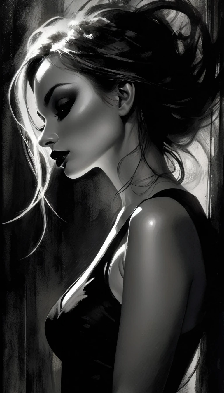 eroticism, sexy, black and white image, between shadows, oil painting, dramatic lighting, dramatic contrast, chiaroscuro, detailed face, sensual expression, elegant pose, female figure, mysterious, moody, cinematic, dark romantic, Bill Sienkiewicz inspired, dark atmosphere, powerful composition, dramatic shadows, high quality, photorealistic, masterpiece (best quality,4k,8k,highres,masterpiece:1.2),ultra-detailed,(realistic,photorealistic,photo-realistic:1.37),intricate details,vivid colors,sharp focus,professional,Dave McKean artwork, oil touch of surrealism,oil painting style,portrait,woman,beautiful detailed eyes,beautiful detailed lips,dreamlike atmosphere,shadow play,soft lighting,playful pose,minimalist room,dark hues,ethereal background,fantasy elements,texture,layered composition.
